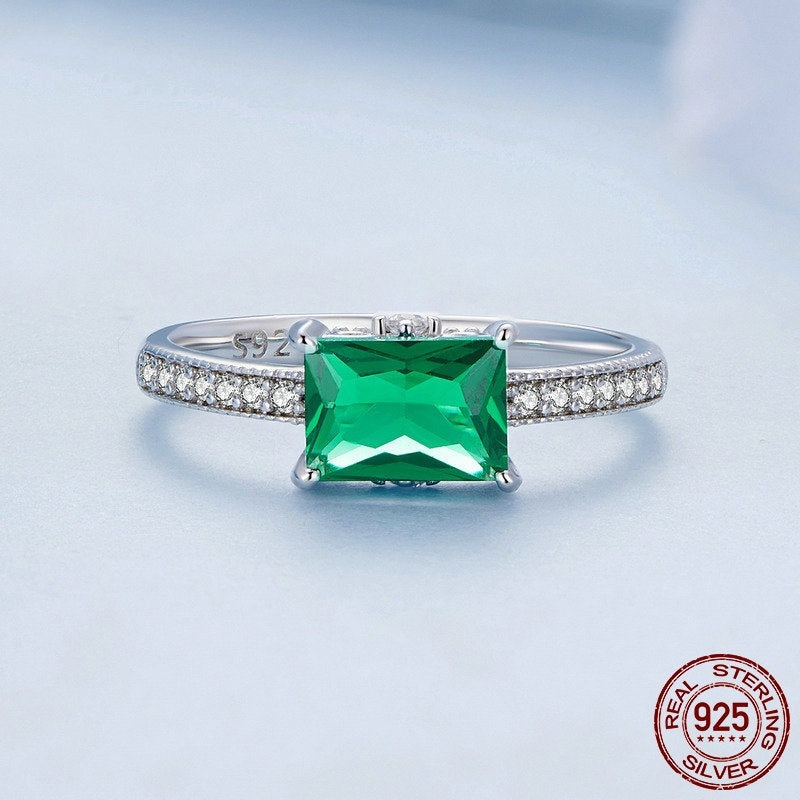 S925 Sterling Silver White Gold Plated Green Ring