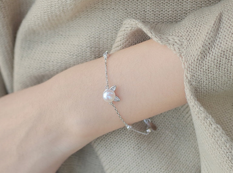 Cute Cat Pearl Silver Bracelet