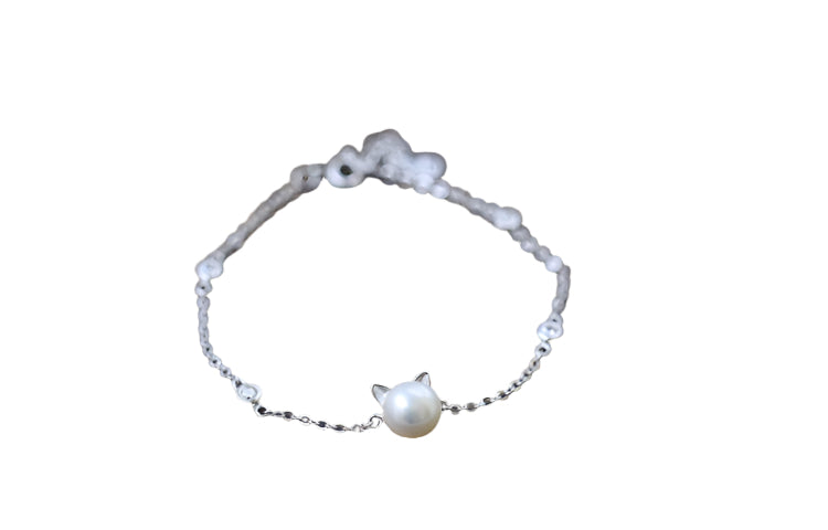 Cute Cat Pearl Silver Bracelet