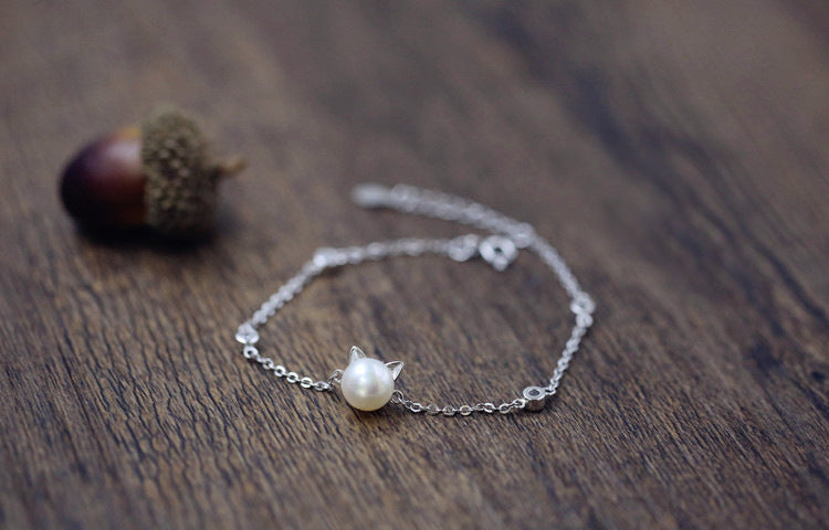 Cute Cat Pearl Silver Bracelet