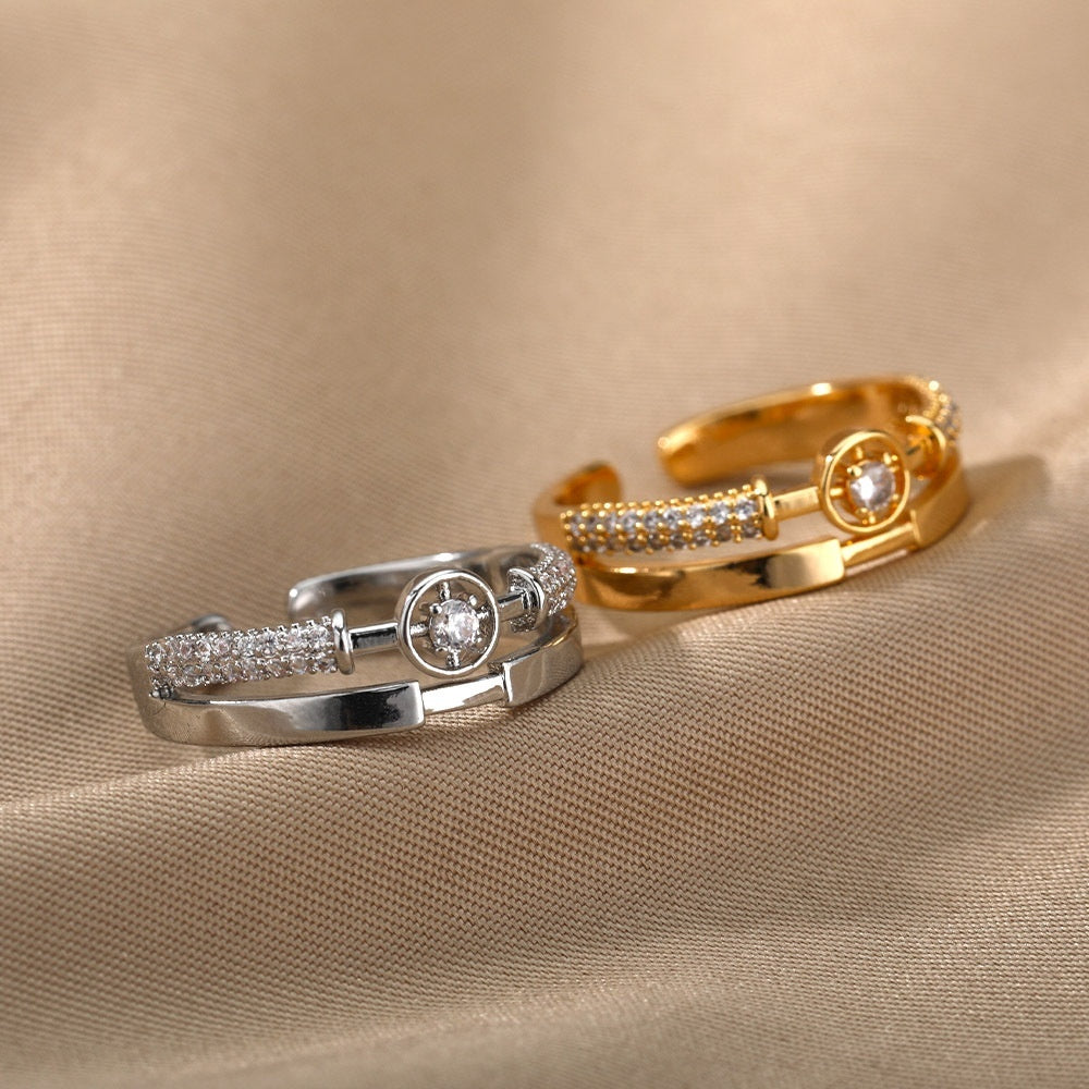 New Letter V Open-end Zircon Ring Double Layer