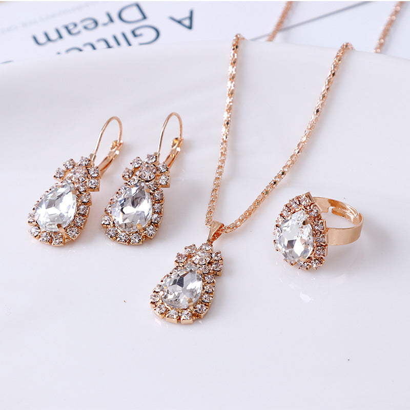 Water Drop Rhinestone Necklace, Earrings & Ring Set