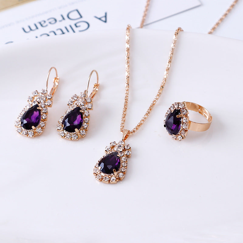 Water Drop Rhinestone Necklace, Earrings & Ring Set