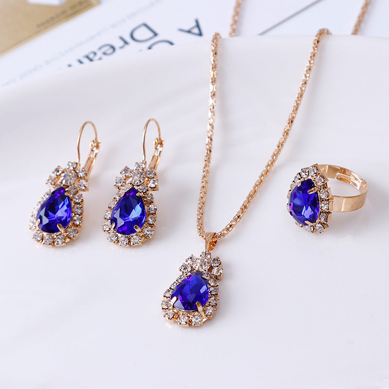 Water Drop Rhinestone Necklace, Earrings & Ring Set