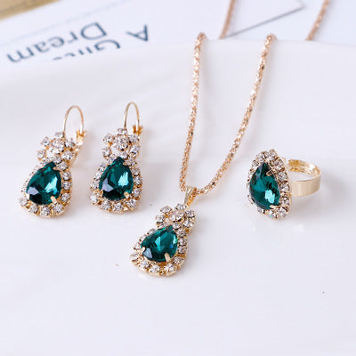 Water Drop Rhinestone Necklace, Earrings & Ring Set