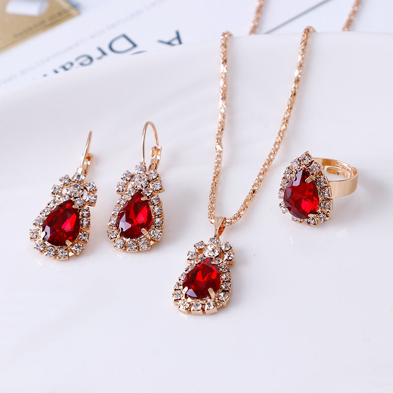 Water Drop Rhinestone Necklace, Earrings & Ring Set