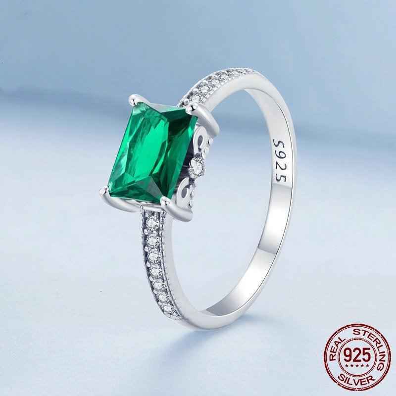 S925 Sterling Silver White Gold Plated Green Ring