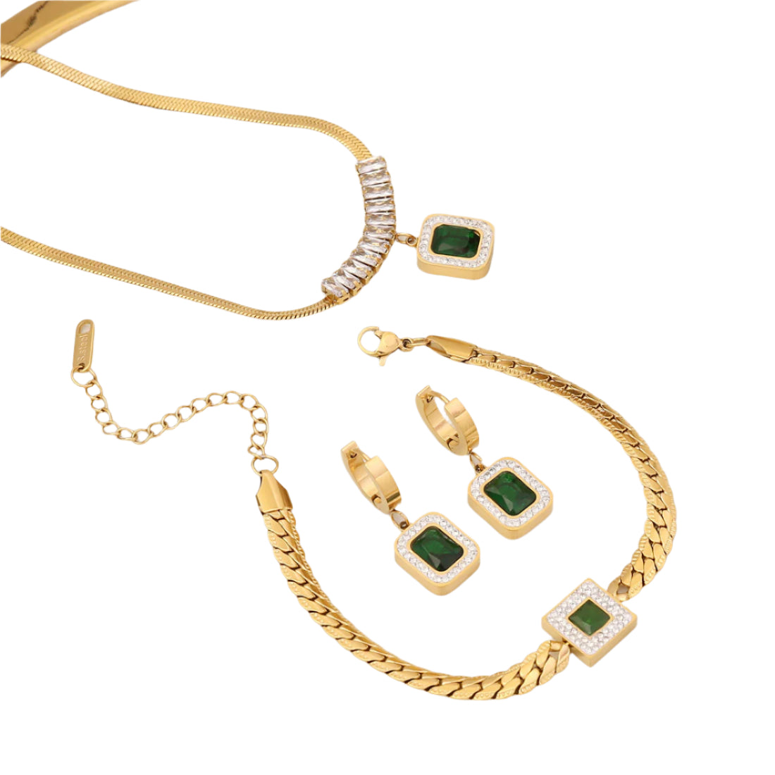 Diamond Emerald Zircon Necklace Stainless Steel Jewelry Set