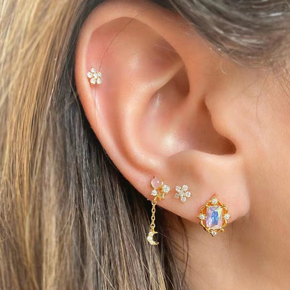 Star & Moon Zircon Flower Earrings