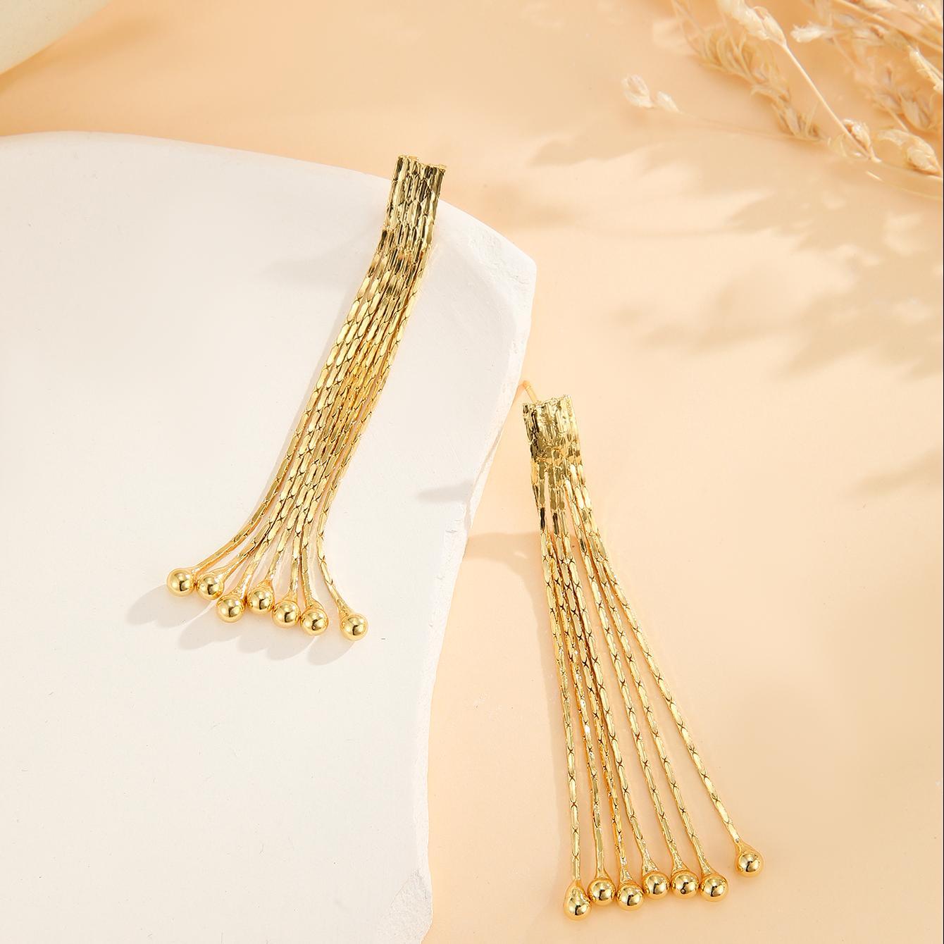 2pcs Fashionable Modern Metal Thin Chain Earrings, Gold Bead Tassel Earrings, Suitable For Women's Daily Party Wear, Birthday Gifts