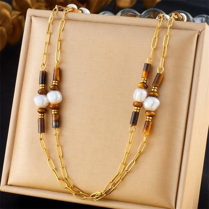 Retro Square Round Geometric Tiger Eye Necklace