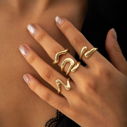 Cross Border Geometric Metallic Lava Lines Four-piece Ring Set Irregular Smooth Opening Ring Suit