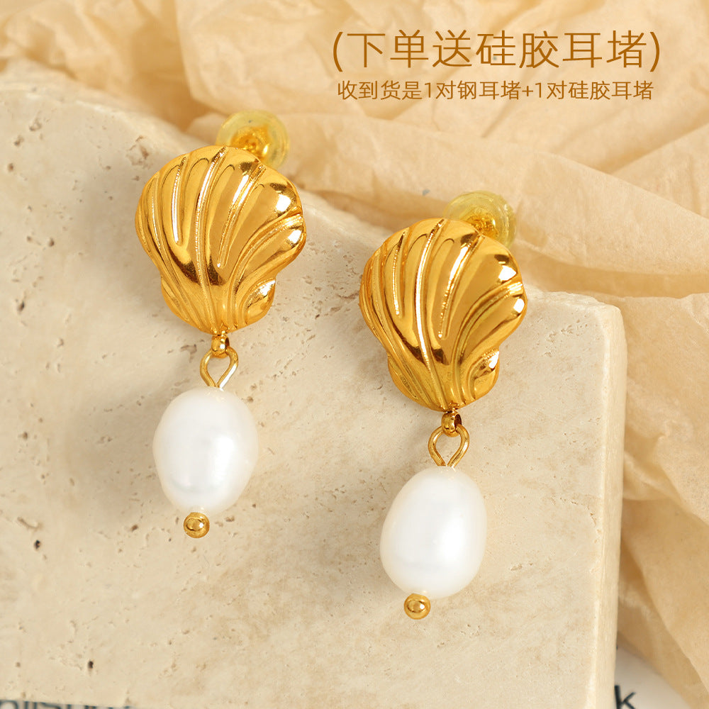 Spiral Pearl Simple And Light Luxury Ocean Style Shell Bow Earrings