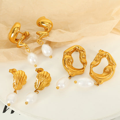 Spiral Pearl Simple And Light Luxury Ocean Style Shell Bow Earrings