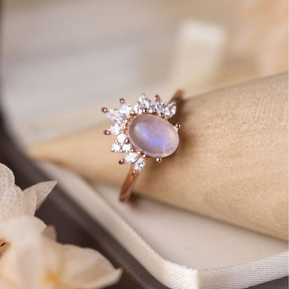 S925 Sterling Silver Oval Moonstone Micro Rhinestone Ring