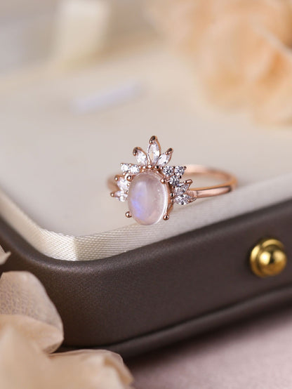 S925 Sterling Silver Oval Moonstone Micro Rhinestone Ring