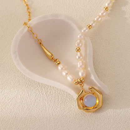 French Retro Moonstone Natural Freshwater Pearl Necklace