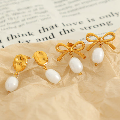 Spiral Pearl Simple And Light Luxury Ocean Style Shell Bow Earrings