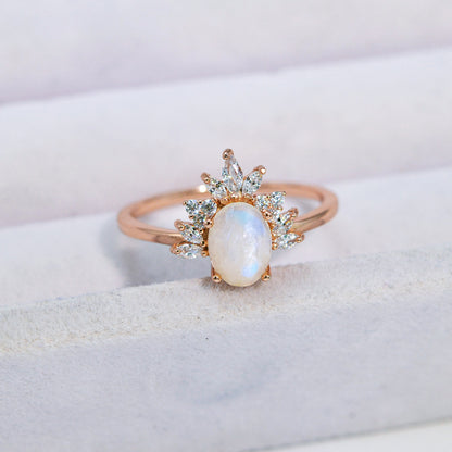 S925 Sterling Silver Oval Moonstone Micro Rhinestone Ring