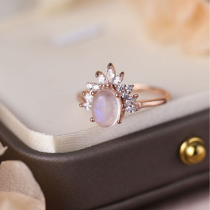 S925 Sterling Silver Oval Moonstone Micro Rhinestone Ring