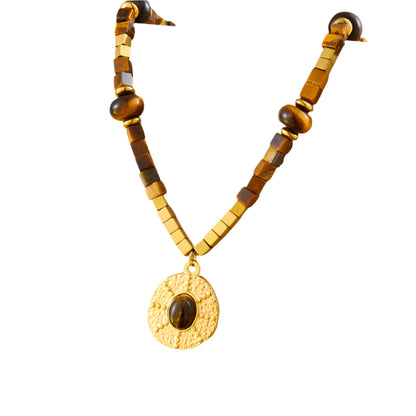 Retro Square Round Geometric Tiger Eye Necklace