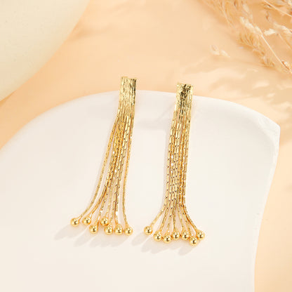 2pcs Fashionable Modern Metal Thin Chain Earrings, Gold Bead Tassel Earrings, Suitable For Women's Daily Party Wear, Birthday Gifts