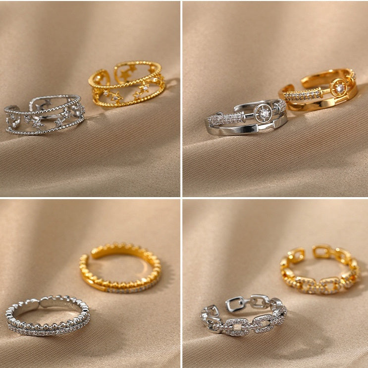 New Letter V Open-end Zircon Ring Double Layer