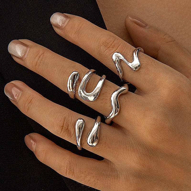 Cross Border Geometric Metallic Lava Lines Four-piece Ring Set Irregular Smooth Opening Ring Suit